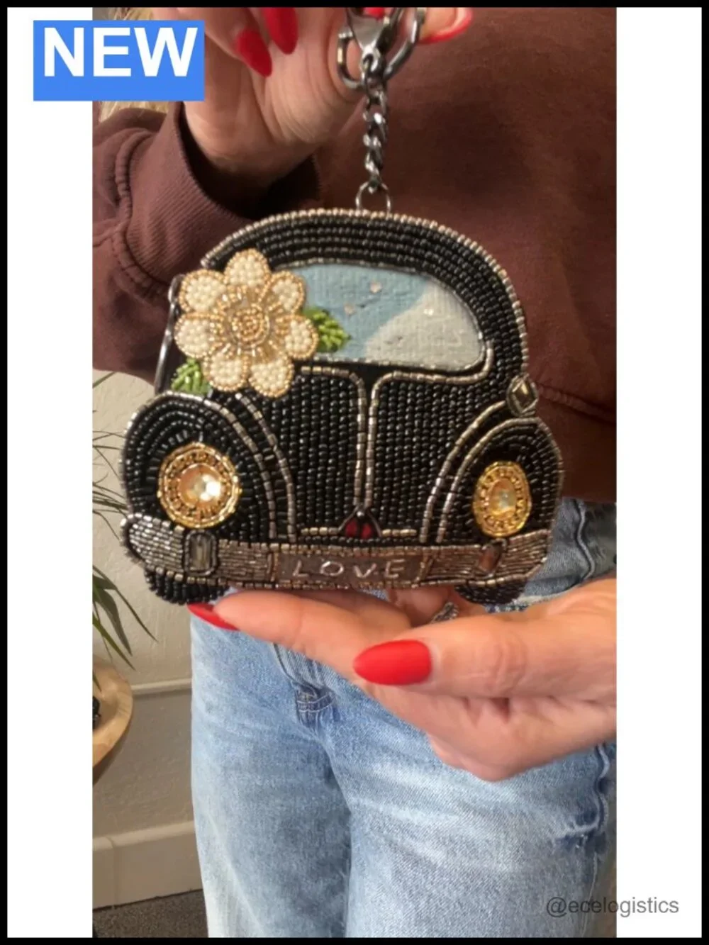Crossbody Handbag Car-Shaped Beaded Vegan Leather with Flower and Rhinestones